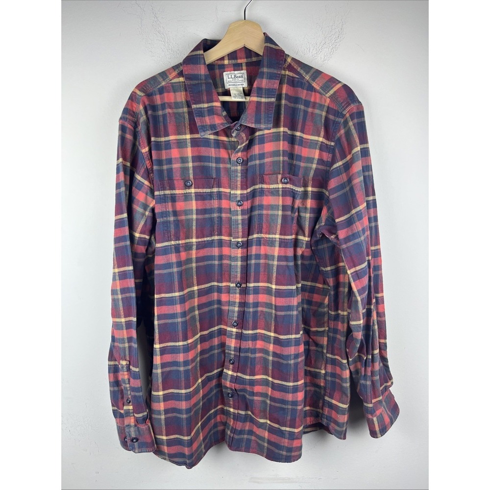 L.L.Bean Men's XL Tall Slightly Fitted Red Orange Plaid Lightweight Flannel Shir